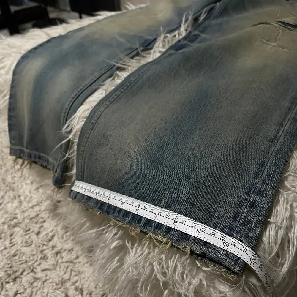 Vintage Faded Wash Distressed Ripped Wide-leg Baggy Denim Jeans Pants Blue sz 31 - Picture 12 of 16